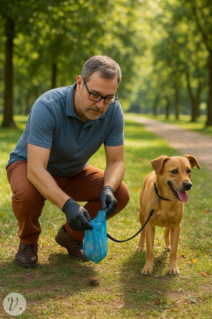 Mann mit Hund beim Gassigehen