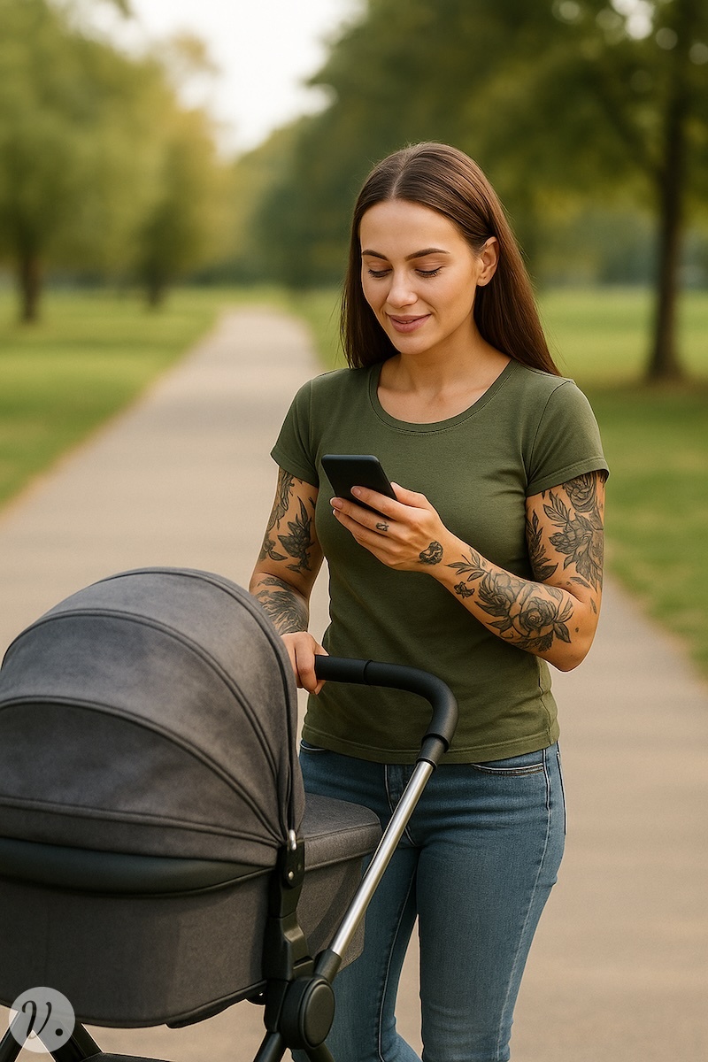 Junge Mutter schiebt einen Kinderwagen und gleichzeitig ein Smartphone in der Hand